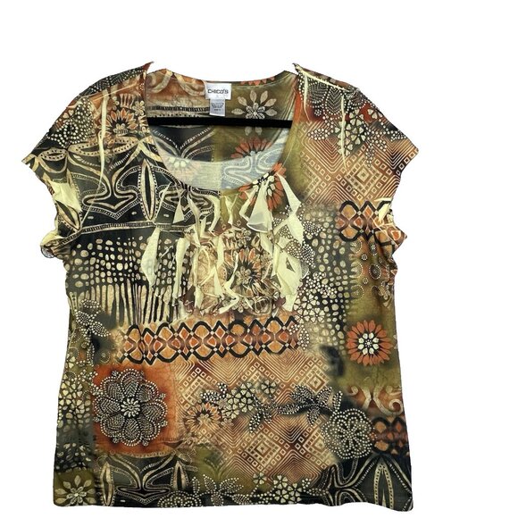 Chico's Top Size XL (16) Rhinestones Ruffles Fall Floral Fairy BOHO Whimsical - Picture 1 of 13